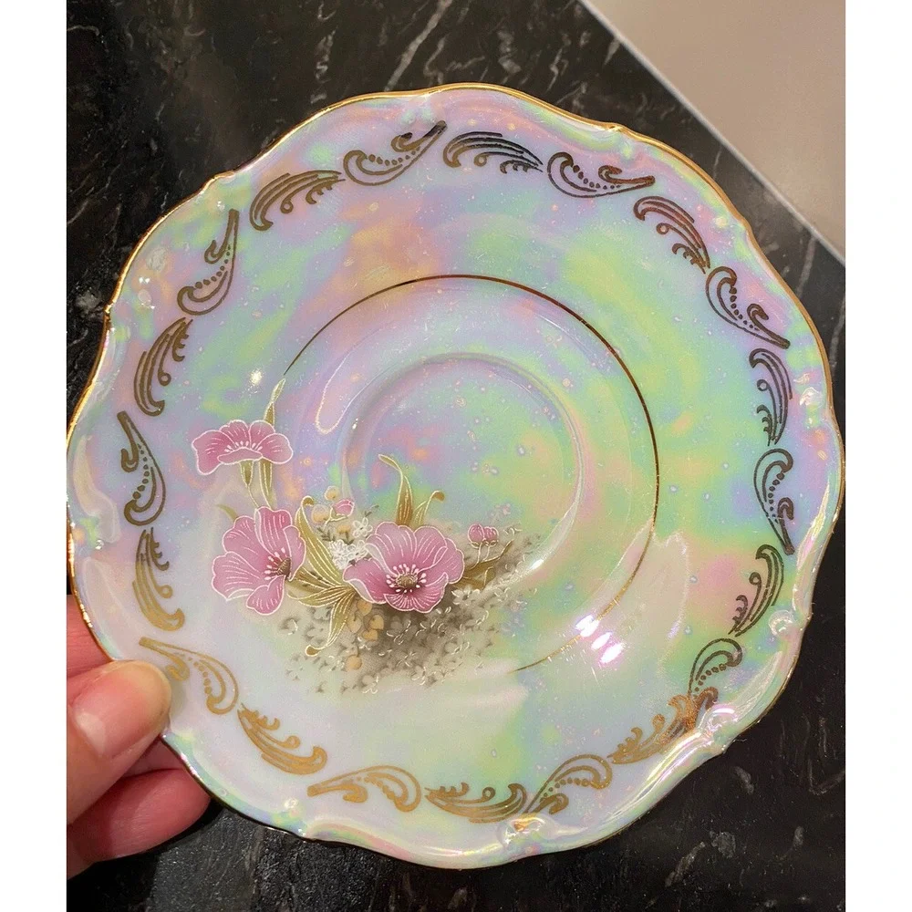 Vintage Bohemian Translucent Czechoslovakia Hand Painted Cup & Saucer